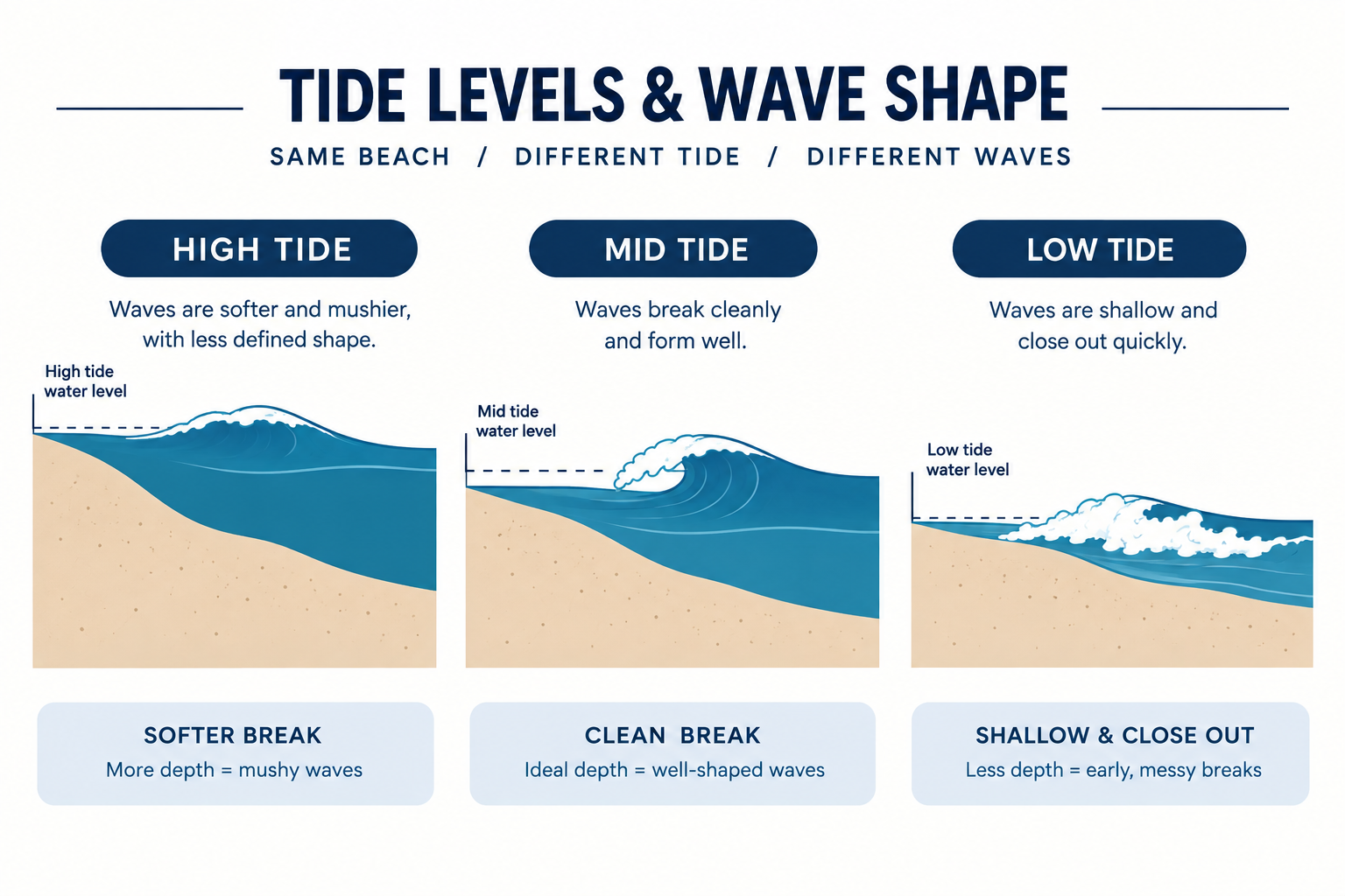 Diagram showing how tide height affects wave shape and depth over a sandbar