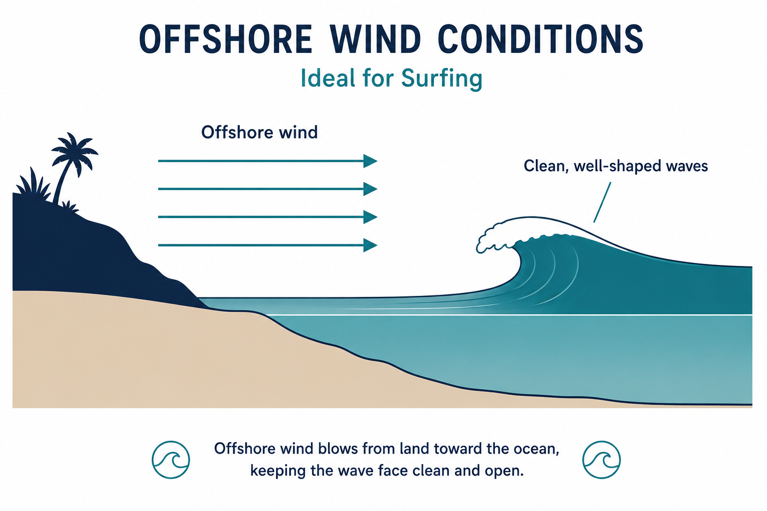 Offshore wind blowing from land to sea, creating clean well-shaped waves