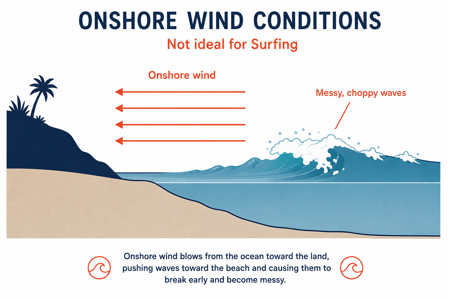 Onshore wind blowing from sea to land, creating messy choppy waves